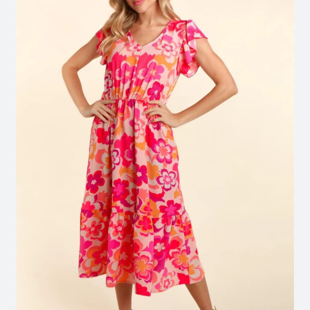 Haptics Boho Floral V-Neck Ruffle Sleeve Midi Dress